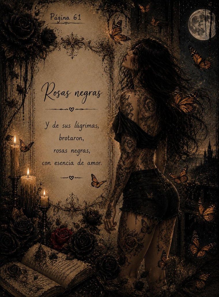 Página 61 del libro: Rosas negras. Y de sus lágrimas brotaron rosas negras con esencia de amor.